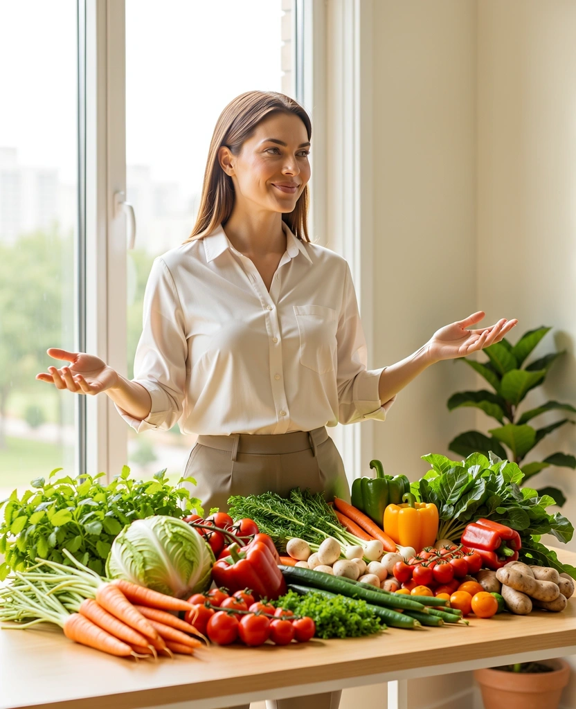 Nutriționist prezentând legume proaspete